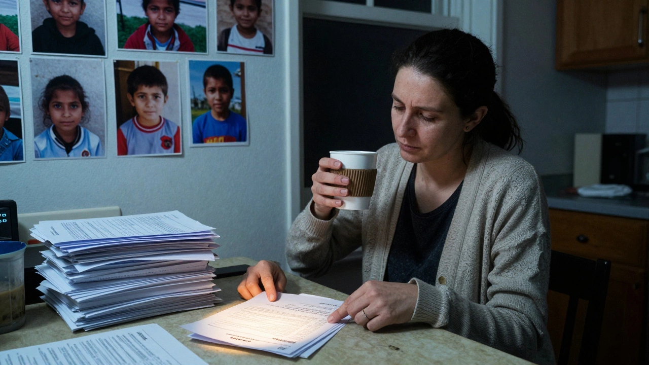 A woman placing a union petition on a table piled with unpaid work forms, photos of others on the wall behind her.