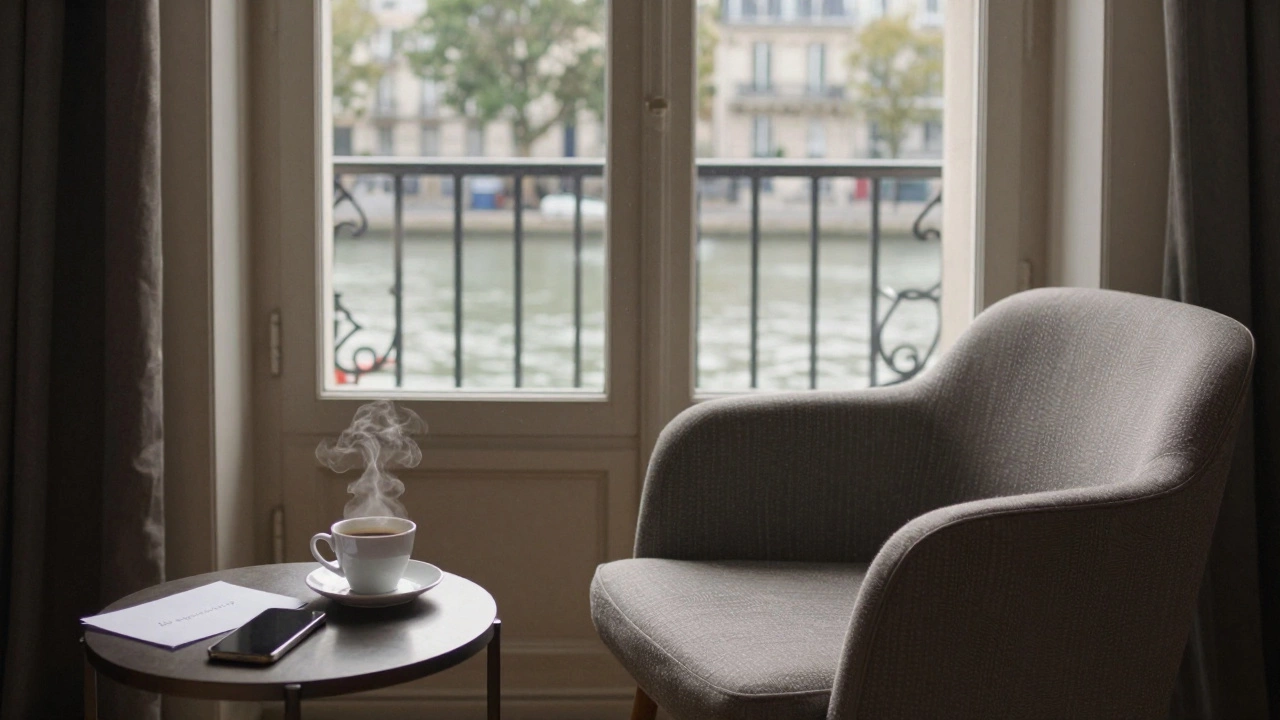 An empty armchair by a Paris window with a steaming cup of coffee, suggesting a quiet departure.