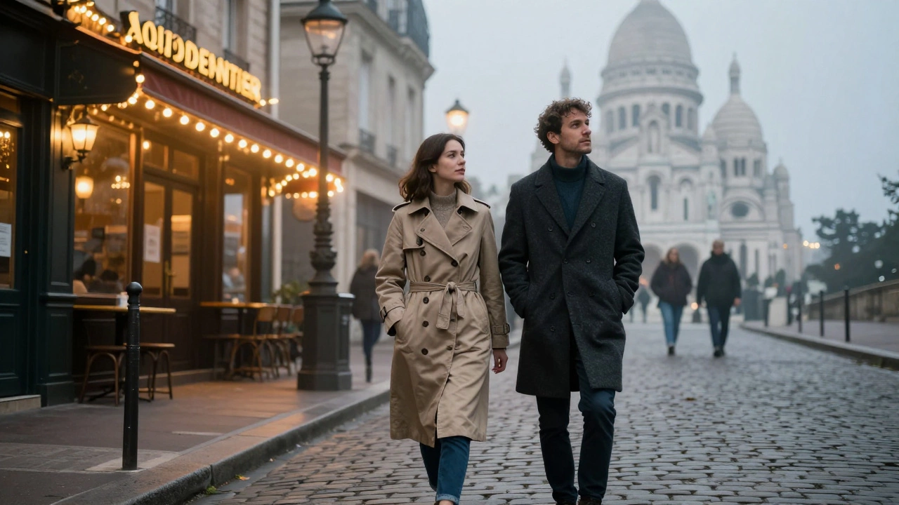 Two people walking peacefully along Montmartre’s streets at dusk, enjoying the city lights.